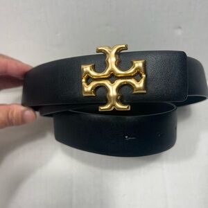 Tory Burch Eleanor 1.25" Large Logo Belt Black/Gold Size: S Retail: $198